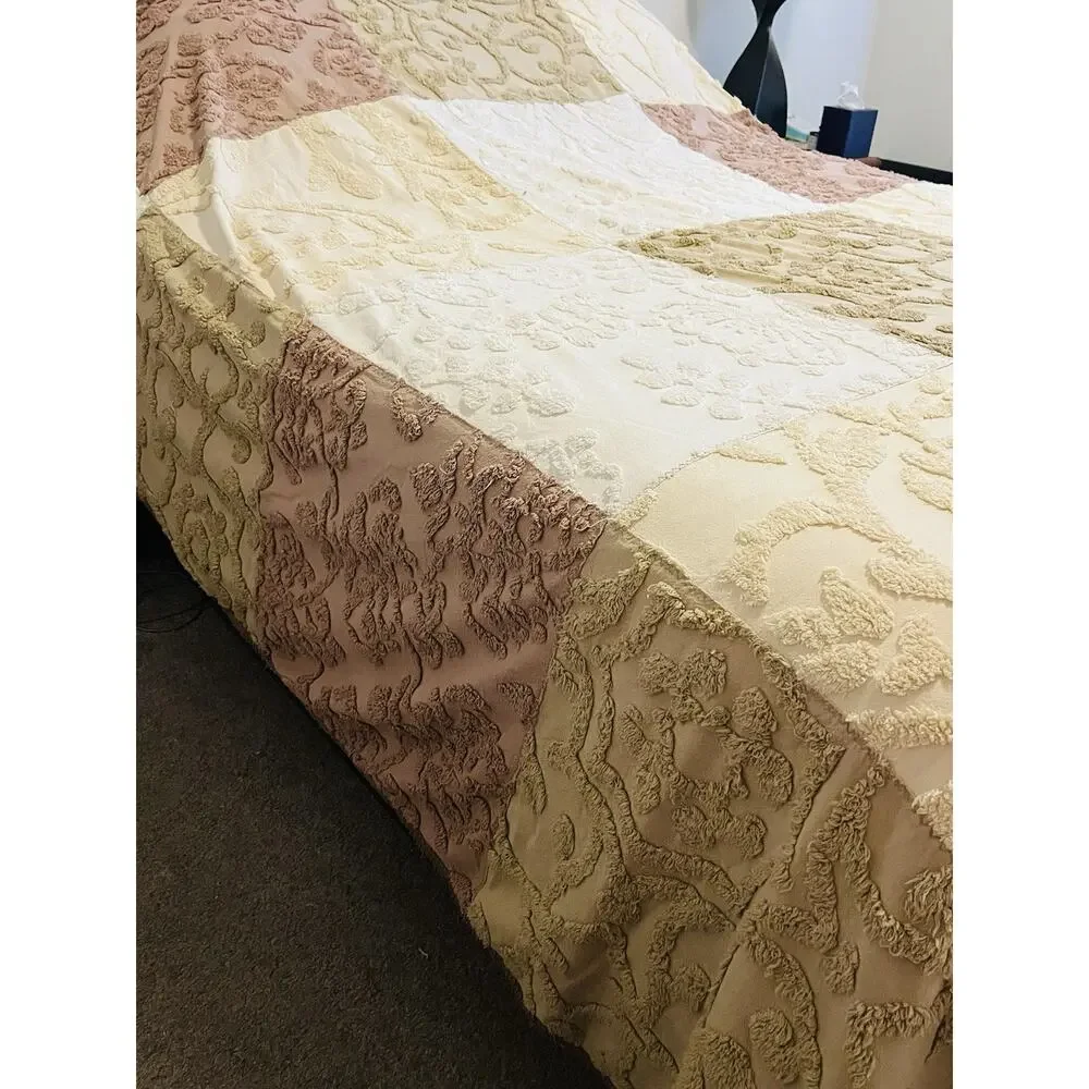 Vintage Mauve Tan Chenille Bedspread King Cream Block coverlet Cottage Grannycor